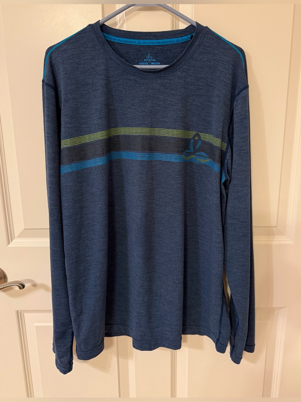 prAna Men's L UPF 50+ Stripe Stretch Long Sleeve Crew Neck Shirt Blue EUC